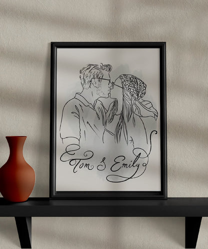 Detailed Portrait Illustration Personalized Line Art - Words On Wall - A3 - Black Frame - 1 -